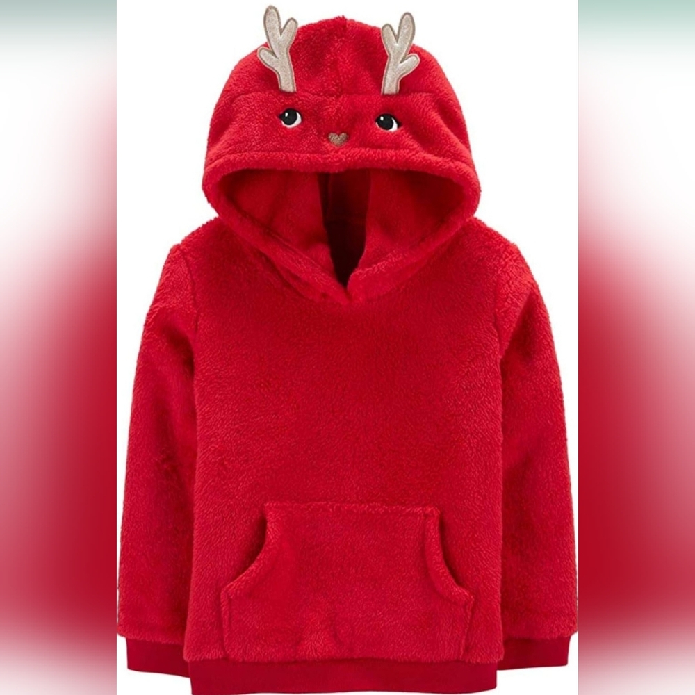 Carter's Kid Holiday Christmas Fleece Reindeer Red Pullover Hoodie